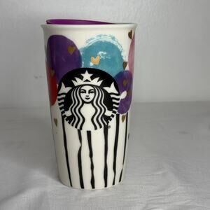Starbucks Ceramic Travel Mug 12oz 2016 Balloons Hearts Purple Lid Coffee Cup